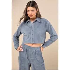 Native Youth women’s Hayter Slate Blue Corduroy Cropped Button-Up Top NWT Small